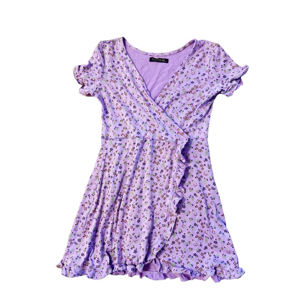 Women S Vertiche Purple Floral Printed Mini Faux Wrap Ruffle Dress Short Slv